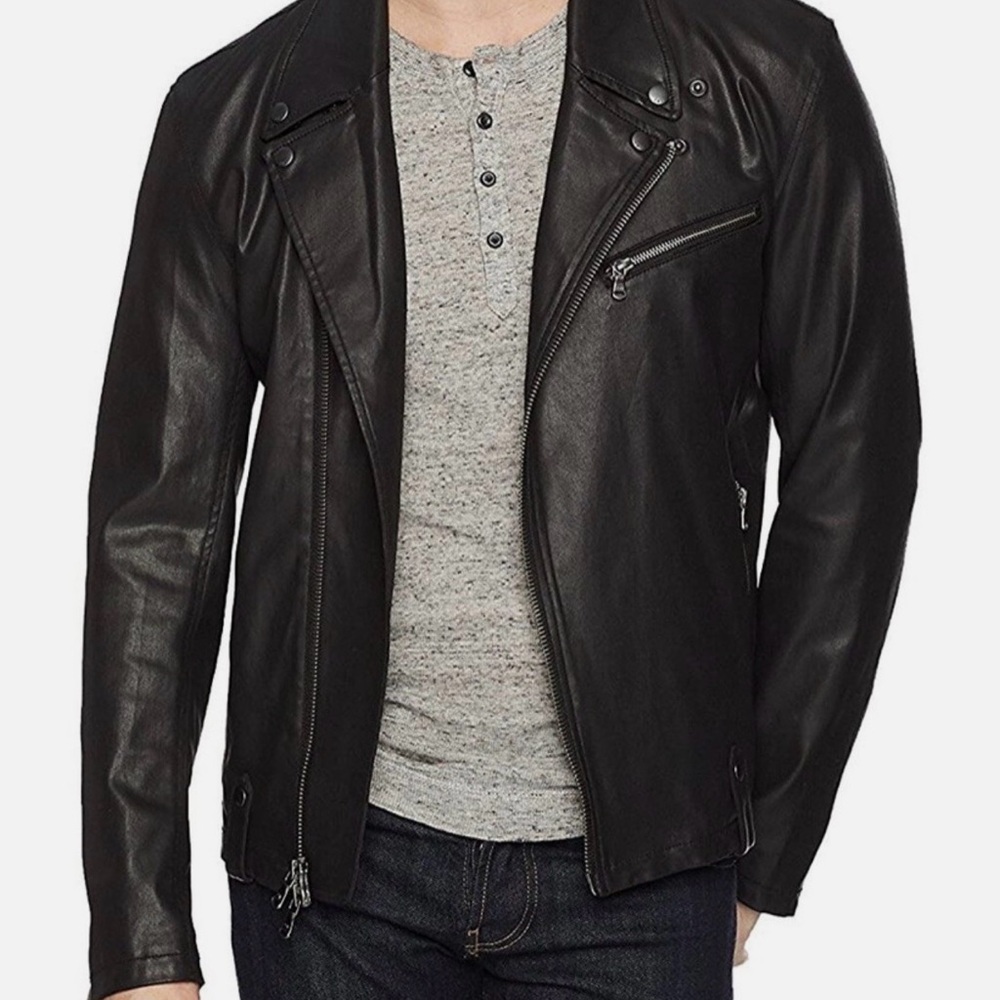 John Varvatos Luxe Asymmetrical Wax Coated Moto Jacket - Black - Size Medium